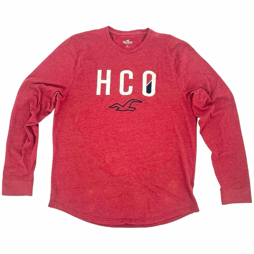 Hollister Men's XL Long Sleeve T-Shirt Red HCO Logo Graphic Curved Hem